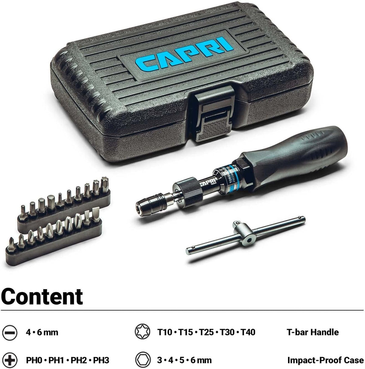 Jeu pour tournevis dynamométriques Capri Tools CP21075 certifié, petit, noir, 10-50 po-lb / Manuel