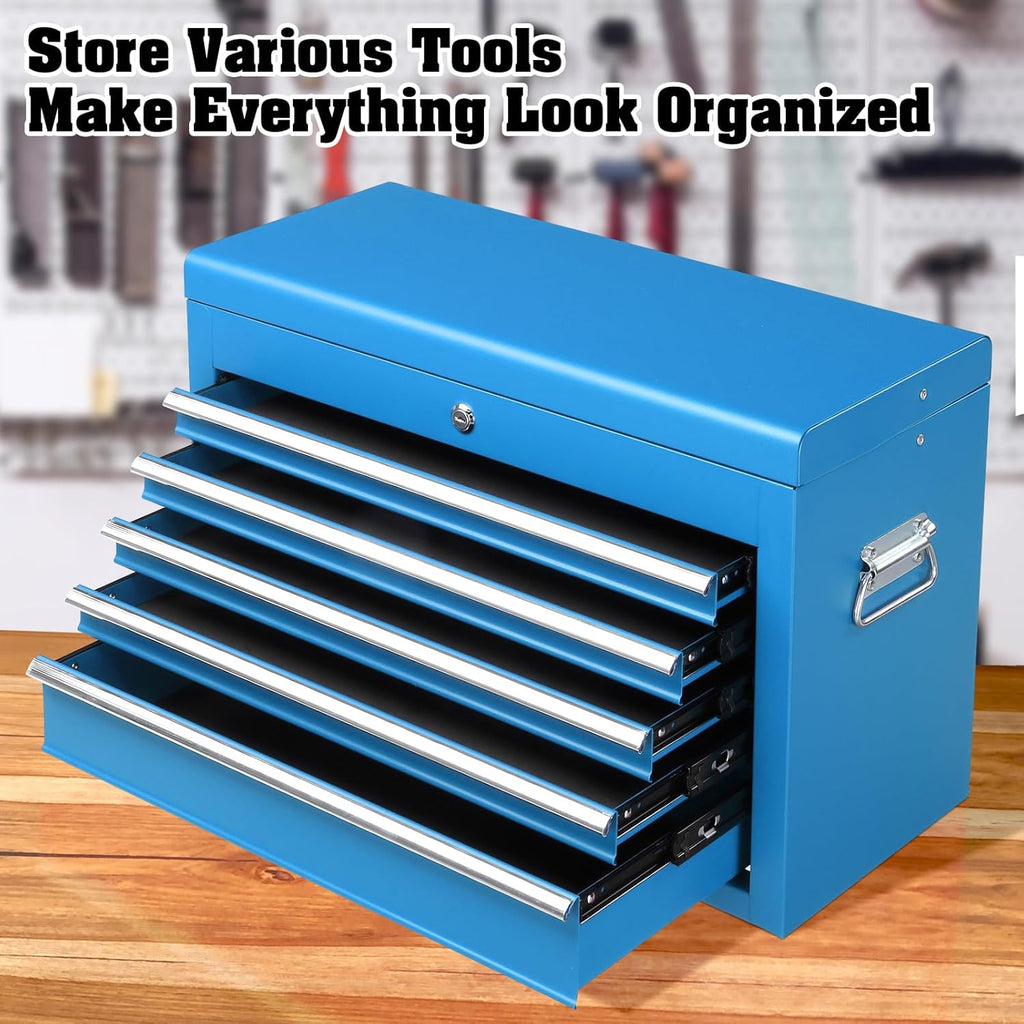 Coffre à outils portable Winado 24, coffre à outils à 5 tiroirs avec poignée de transport, compartiment supérieur, glissières à billes, coffre à outils métallique verrouillable pour garage, entrepôt, atelier de réparation et maison, bleu – Pratique