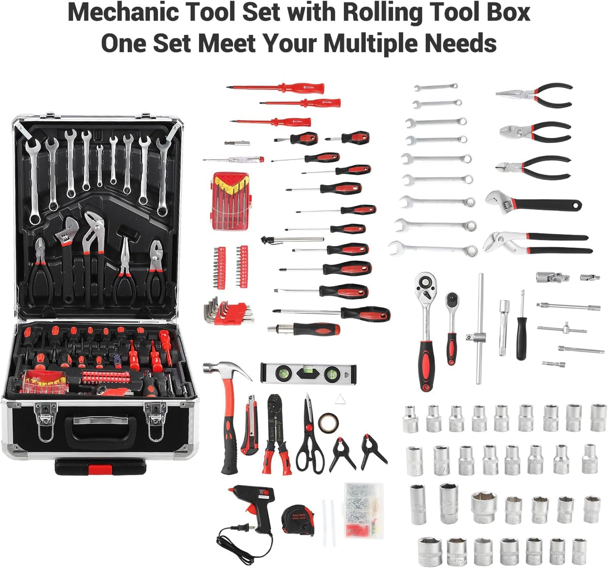 Coffret d'outils pratiques de 800 pièces pour la maison avec servante d'atelier à roulettes, kit de réparation professionnel pour mécanicien, ensemble d'outils à main pour la maison avec valise trolley en aluminium pour bricoleur et particuliers.