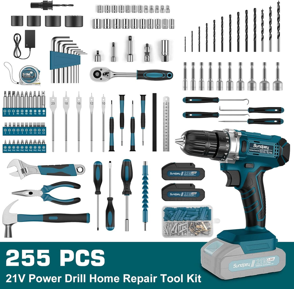 Ensemble d'équipements doté de perceuse sans fil 21 V - Sundpey 255 pièces, ensemble d'équipements de base portables destiné à la maison et l'automobile doté de tiroir, idéal destiné à les bricoleurs et les propriétaires - Perceuse électrique...