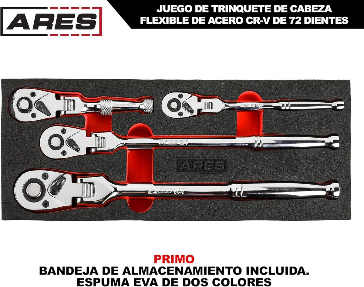 ARES 42040 - Jeu de cliquets à tête flexible - 4 cliquets 72 dents - Construction en acier au chrome-vanadium de qualité supérieure et finition chromée - Conception réversible à dégagement rapide doté de un angle de rotation de 5°