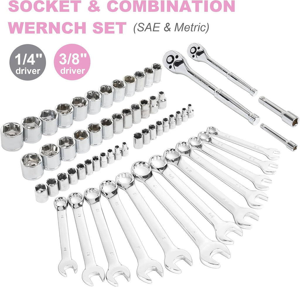 Ensemble d'équipements rose FASTPRO 225 pièces, ensemble d'équipements à main de mécanicien SAE et métriques doté de boîte à équipements, ensemble d'équipements de réparation destiné à la maison et l'automobile, idéal destiné à le bricolage...