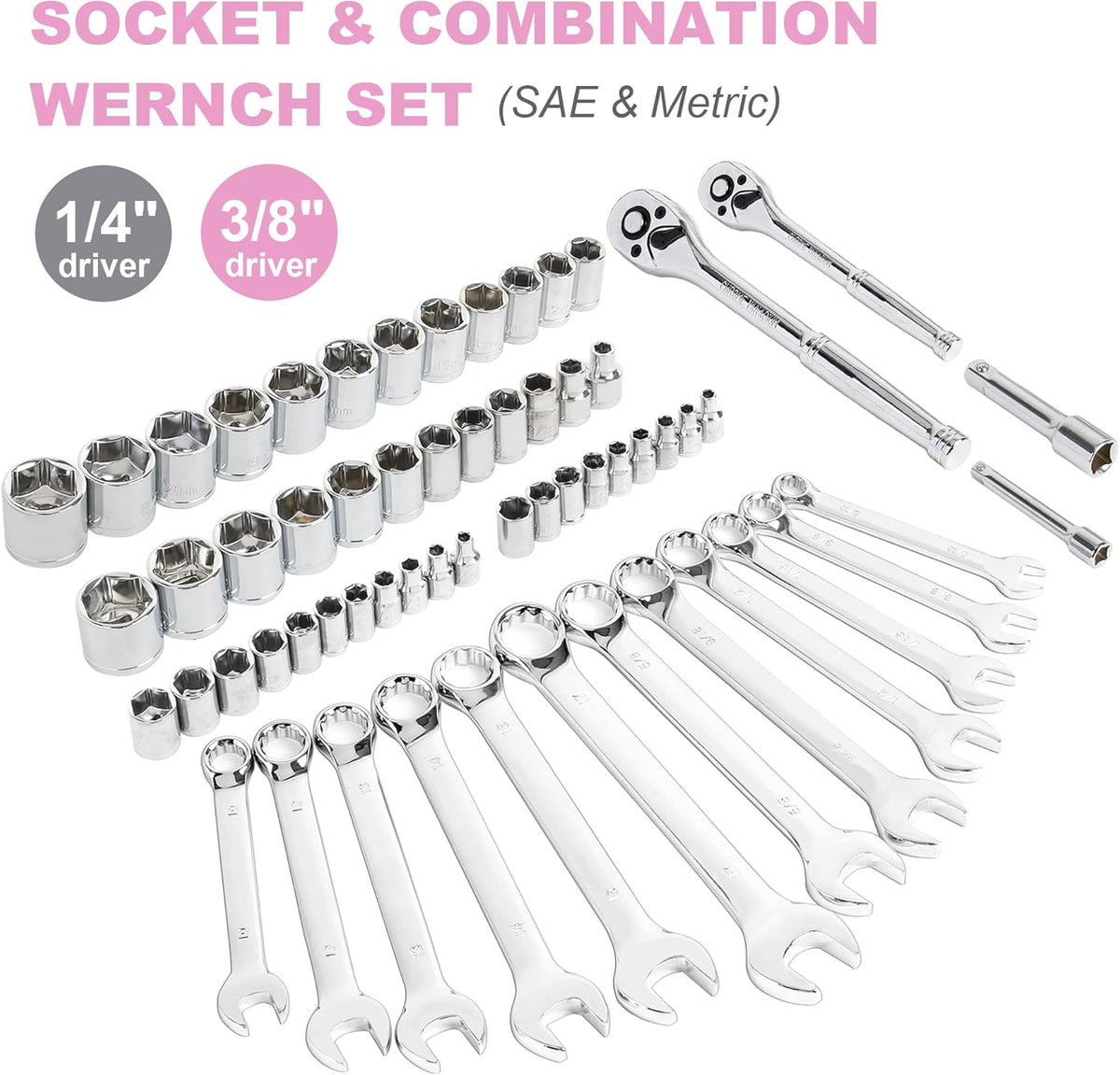 Ensemble d'équipements rose FASTPRO 225 pièces, ensemble d'équipements à main de mécanicien SAE et métriques doté de boîte à équipements, ensemble d'équipements de réparation destiné à la maison et l'automobile, idéal destiné à le bricolage...