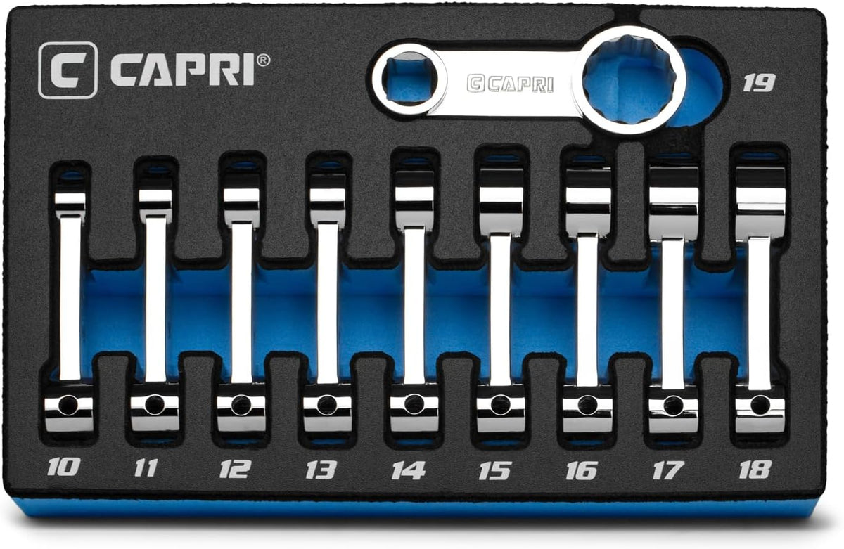 Jeu de 10 adaptateurs de couple Capri Tools 3/8 po, douille à 12 pans, 10 à 19 mm, métrique, doté de plateau de rangement.